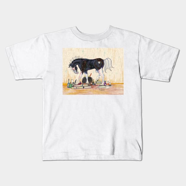 Horse with Books Kids T-Shirt by pegacorna